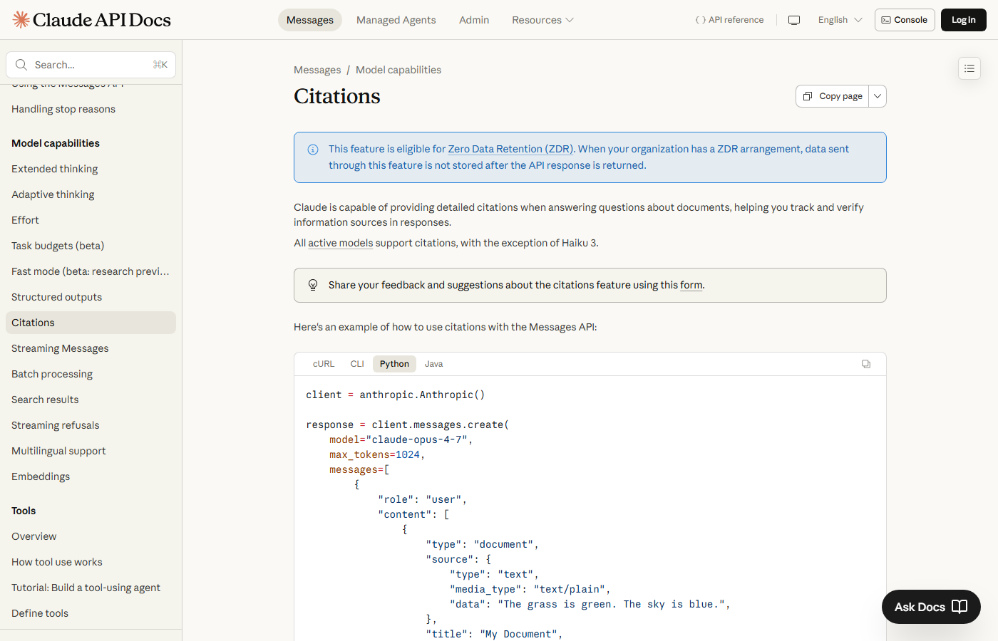 Anthropic Claude API Docs — Citations 공식 문서