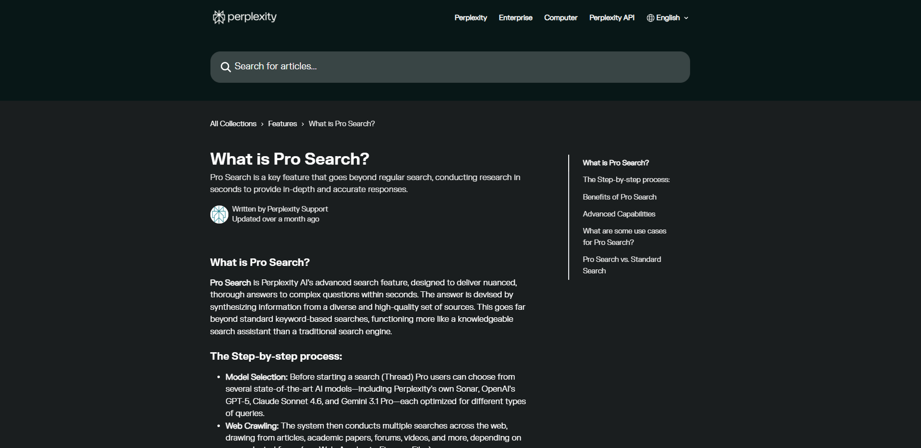 Perplexity Help Center — What is Pro Search? 페이지 상단
