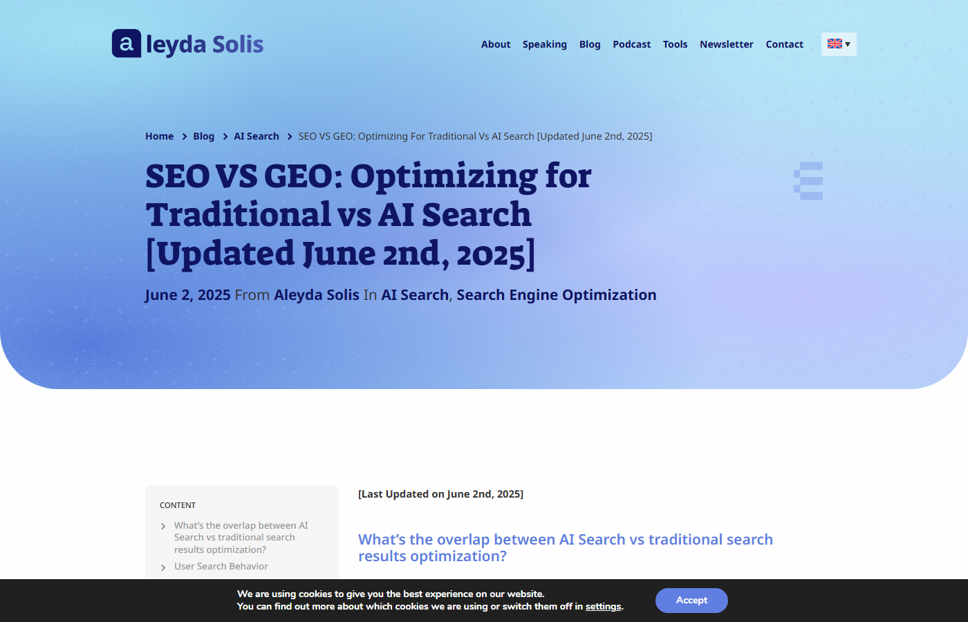 Aleyda Solis — SEO VS GEO: Optimizing for Traditional vs AI Search (Updated June 2, 2025) — 원문 상단