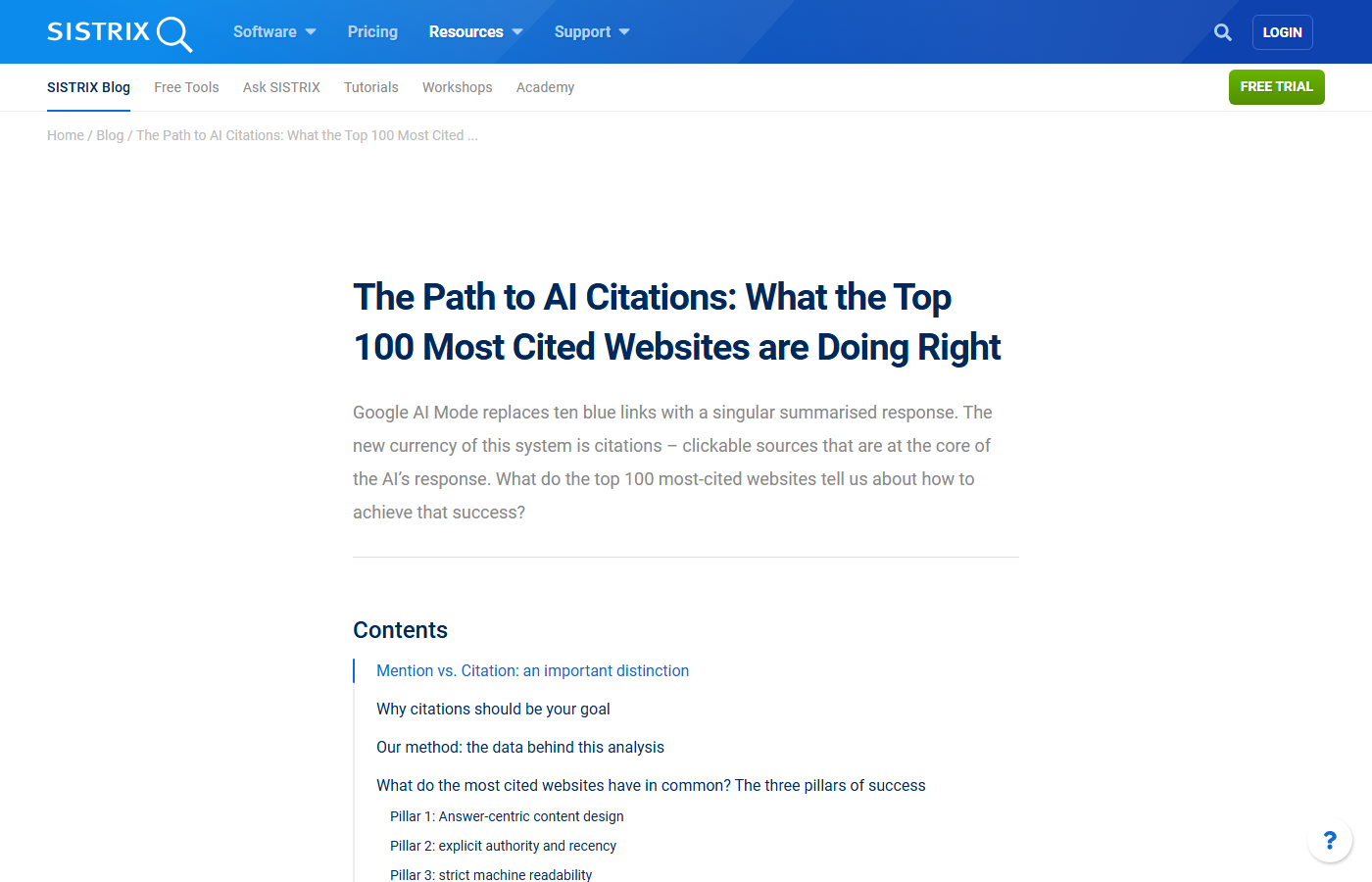 SISTRIX — The Path to AI Citations: What the Top 100 Most Cited Websites are Doing Right (2025-12-03) — 제목·intro·3 Pillars 목차