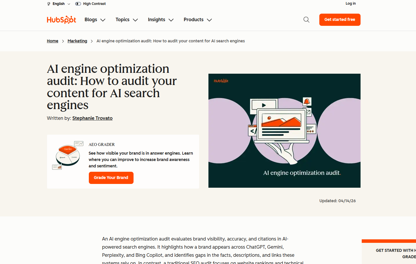 HubSpot — AI engine optimization audit: How to audit your content for AI search engines (2026-04)