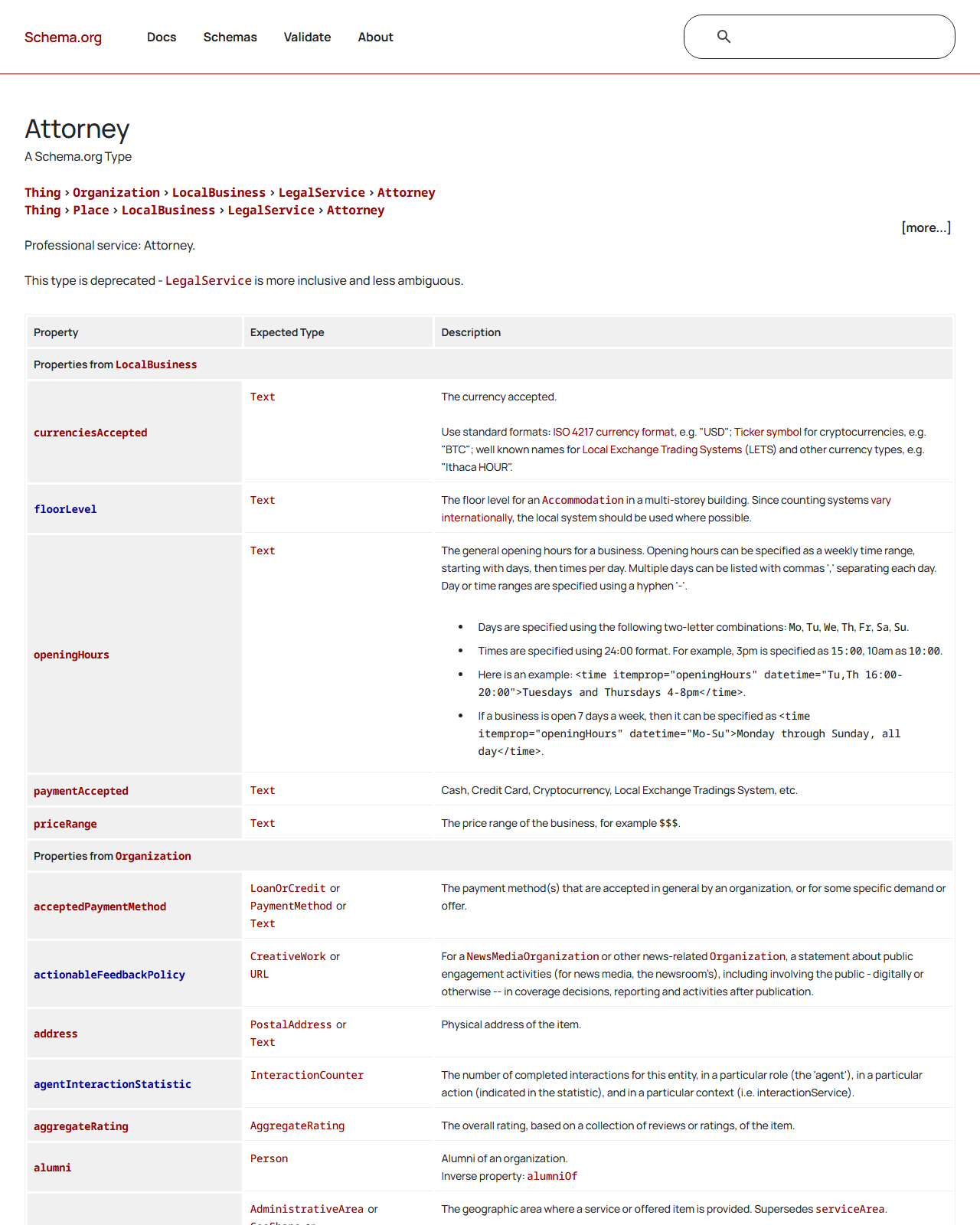 Schema.org Attorney deprecated 공식 페이지